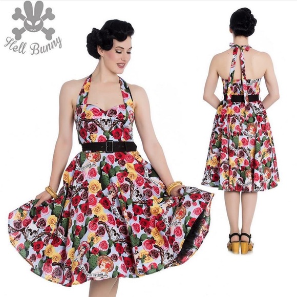 HELL BUNNY Mexico 50s Rockabilly Halter Neck Cotton Midi Dress - Picture 3 of 16